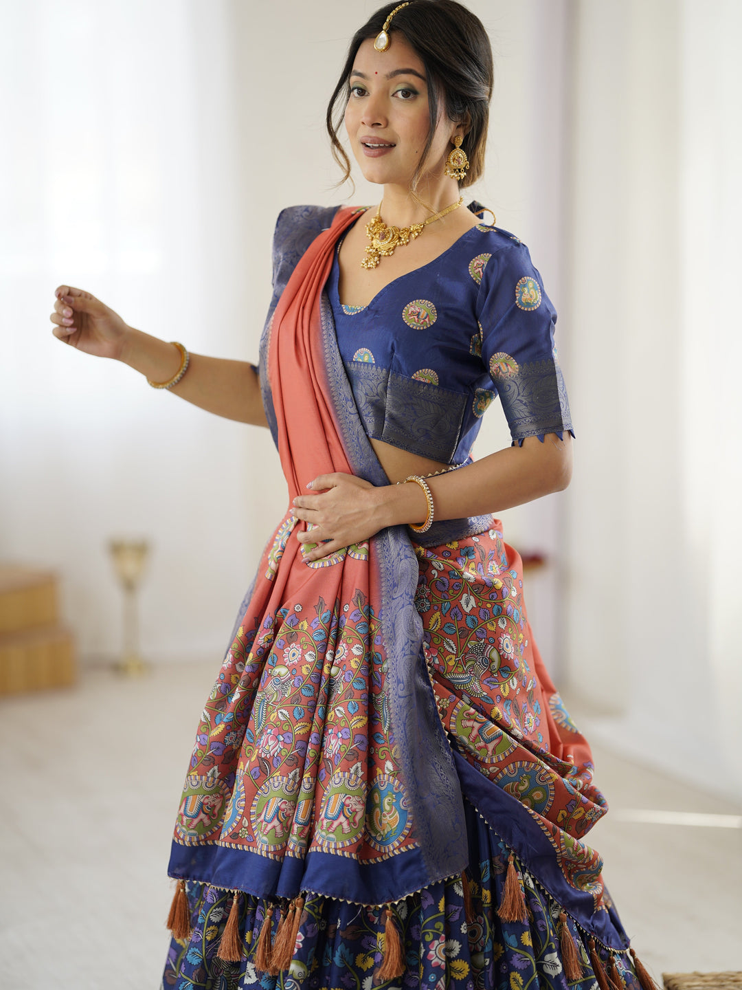 Royal Blue & Rust Kalamkari Tussar Silk Lehenga with Zari Border & Tassel Dupatta – Traditional Wedding & Festive Wear