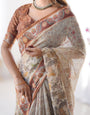 Elegant Beige & Brown Pure Linen Cotton Handloom Saree with Animal Motifs and Floral Prints