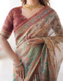 Beige & Green Handloom Cotton Saree with Village Life Print and Majestic Peacock Pallu