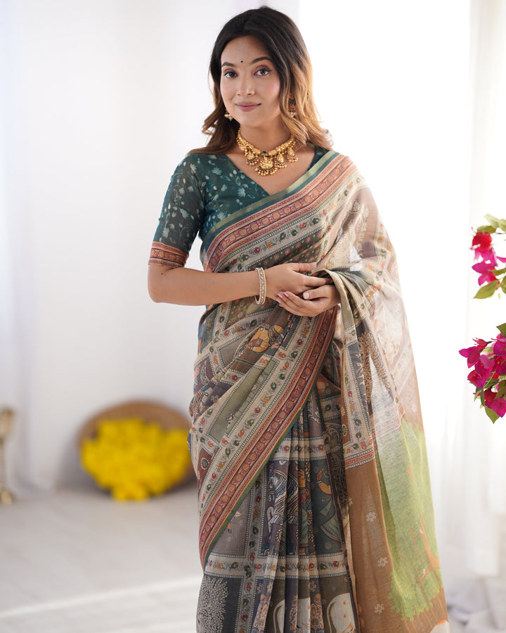 Teal Green & Brown Pure Linen Cotton Handloom Saree with Royal Cow & Tree Motif Pallu