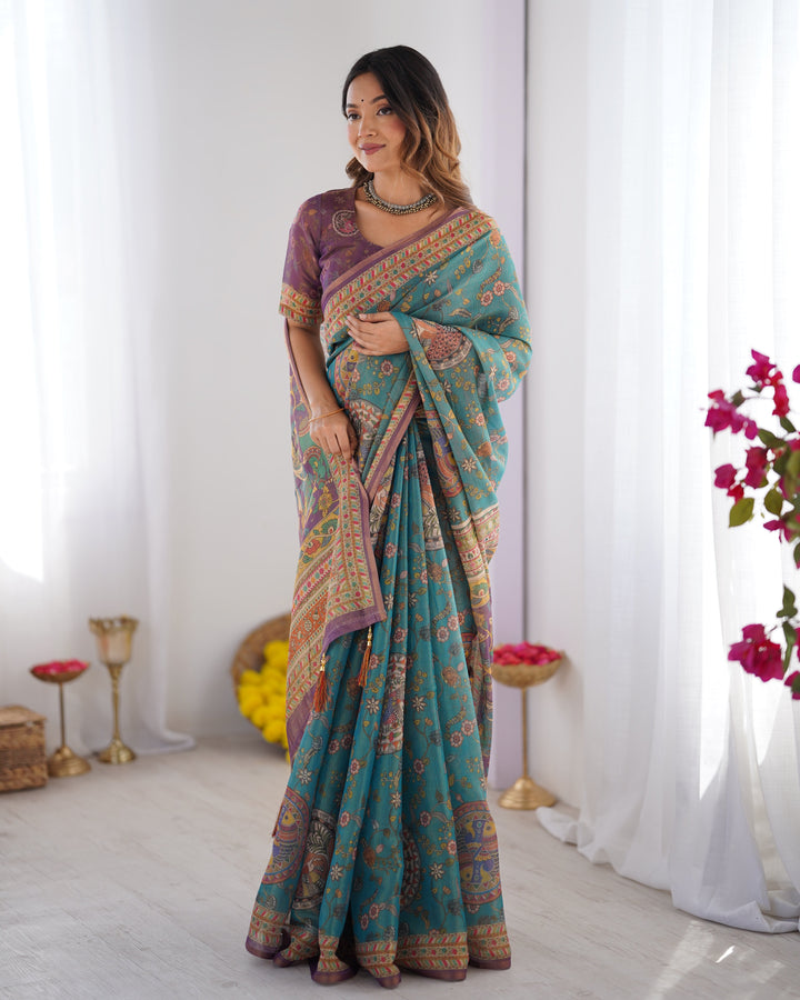 Sea Green & Purple Linen Cotton Saree with Hand-Painted Krishna Raas Leela Pallu
