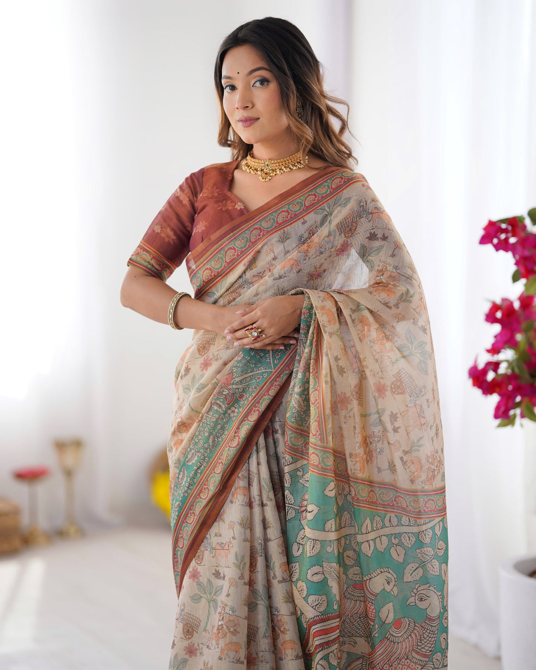 Beige & Green Handloom Cotton Saree with Village Life Print and Majestic Peacock Pallu