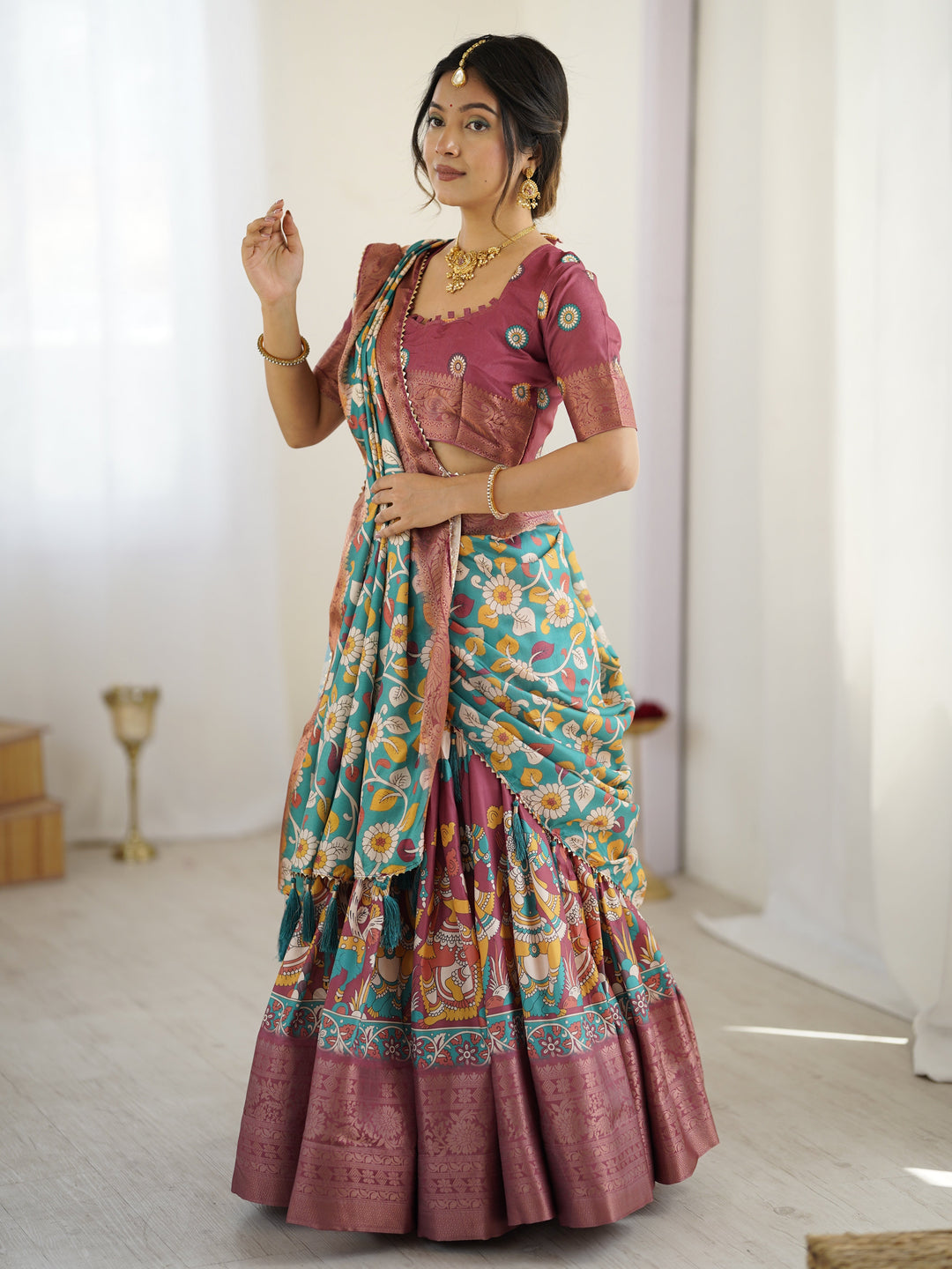 Wine & Turquoise Kalamkari Tussar Silk Lehenga with Floral Motifs, Zari Border & Tassel Dupatta – Wedding & Festive Wear