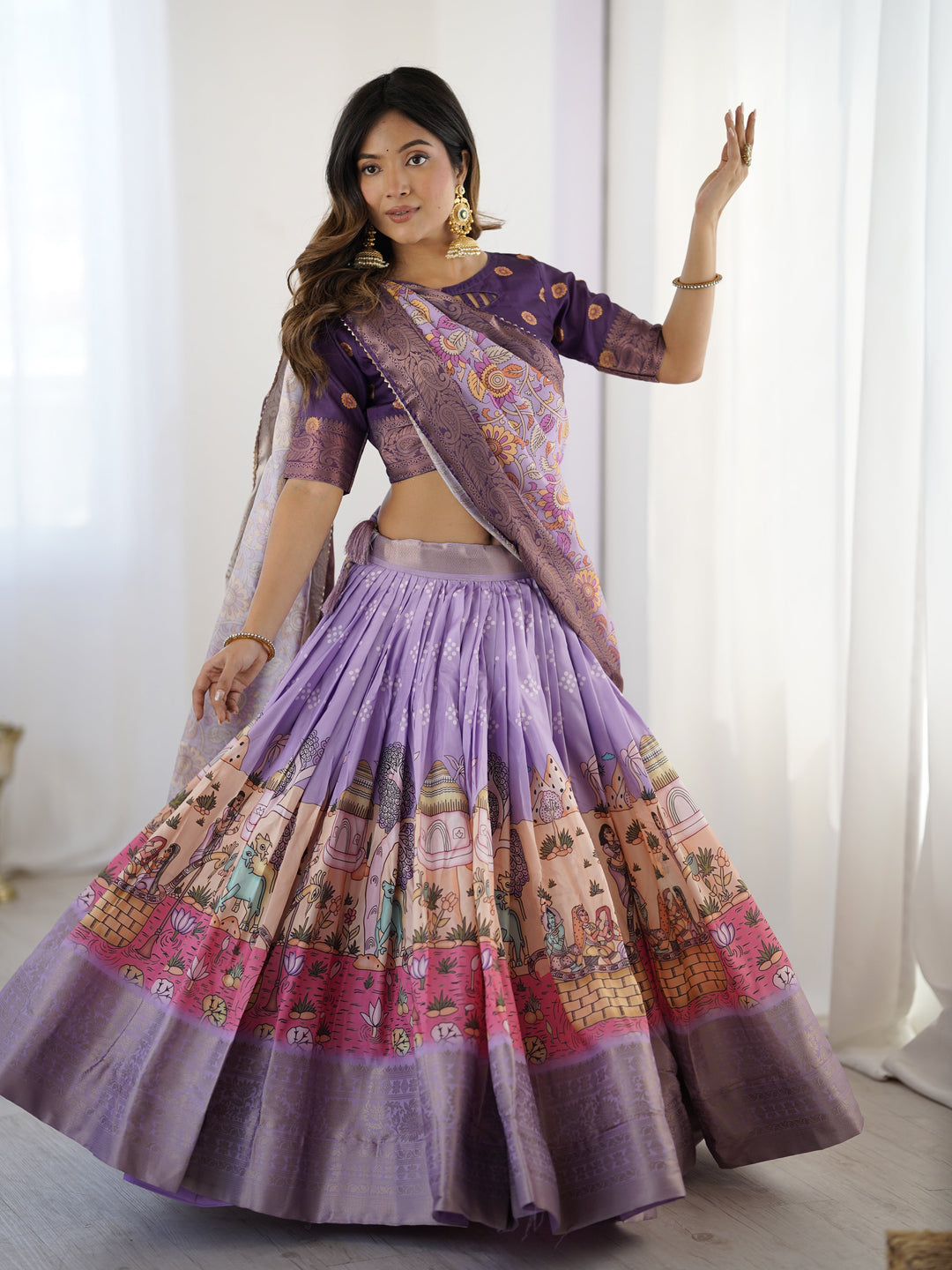 Elegant Kalamkari Lehenga in Lavender and Purple with Mythical Print and Floral Dupatta