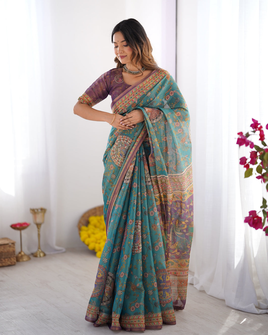 Sea Green & Purple Linen Cotton Saree with Hand-Painted Krishna Raas Leela Pallu