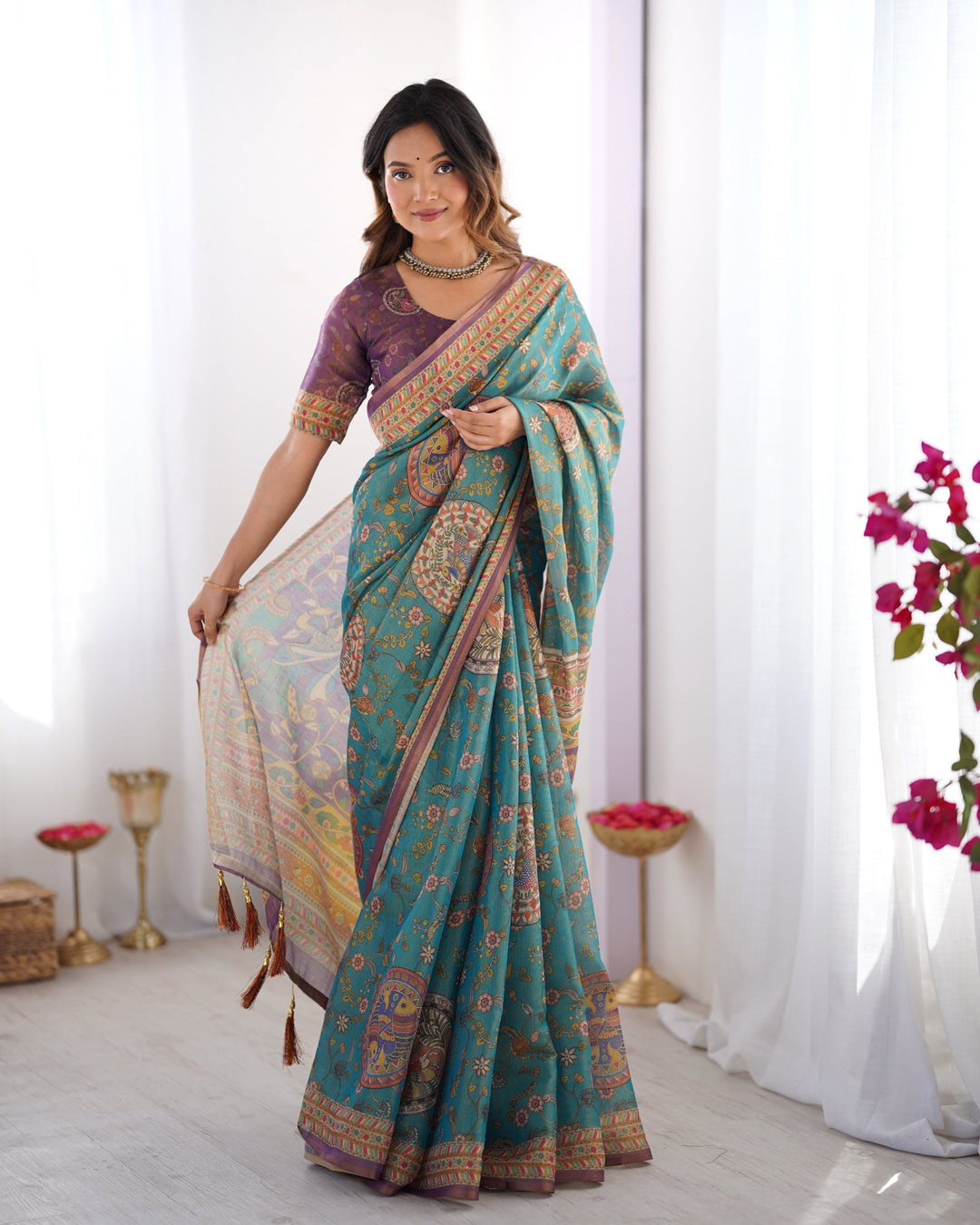 Sea Green & Purple Linen Cotton Saree with Hand-Painted Krishna Raas Leela Pallu