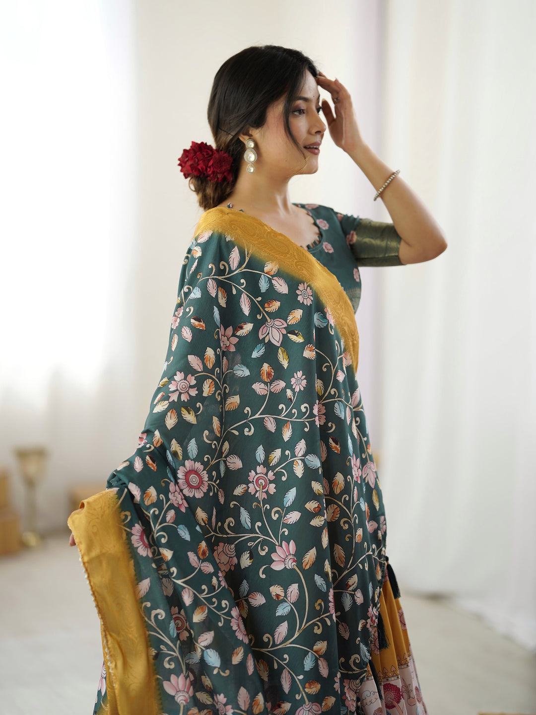 Bottle Green Kalamkari Flared Lehenga with Mustard Dupatta