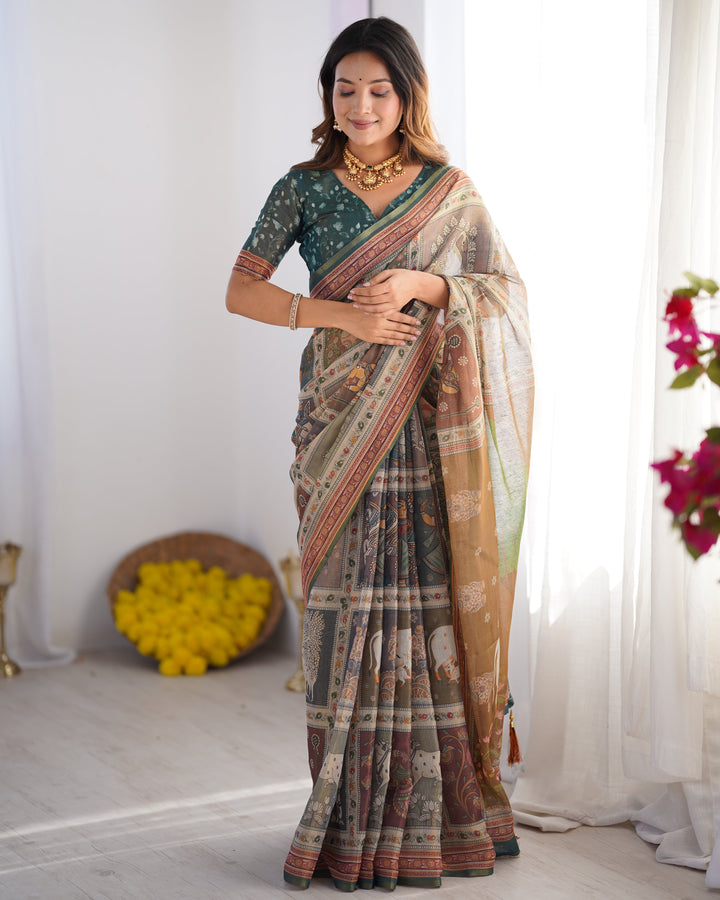 Teal Green & Brown Pure Linen Cotton Handloom Saree with Royal Cow & Tree Motif Pallu