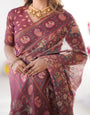 Maroon Pure Linen Cotton Handloom Saree with Elephant Motifs and Floral Digital Print