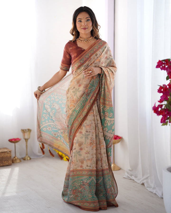 Beige & Green Handloom Cotton Saree with Village Life Print and Majestic Peacock Pallu