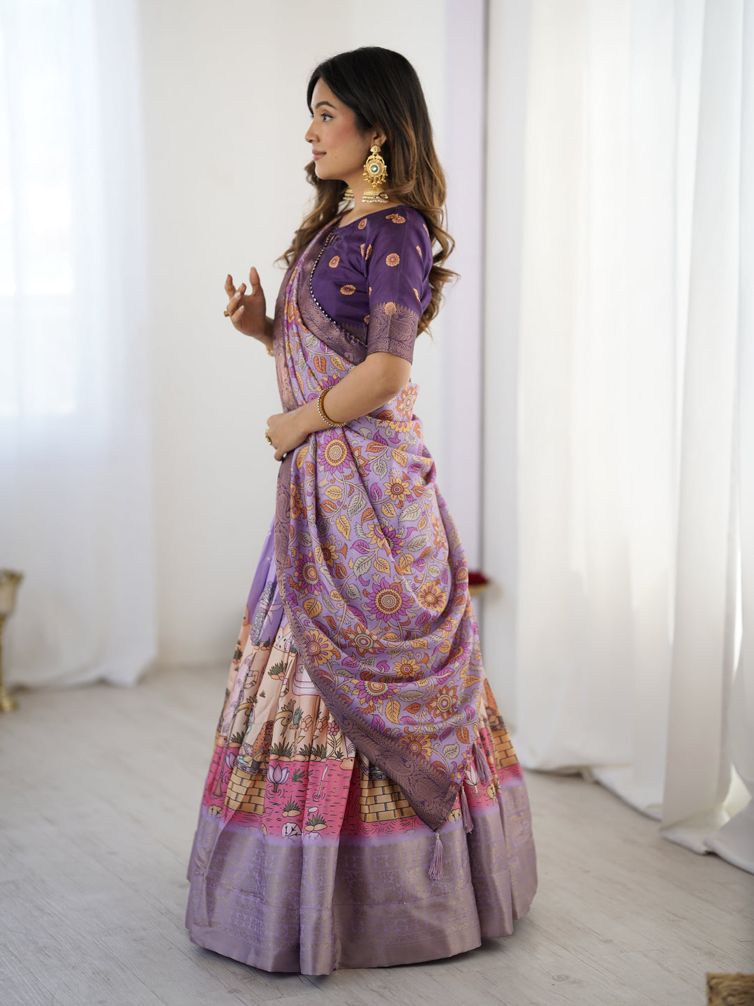Elegant Kalamkari Lehenga in Lavender and Purple with Mythical Print and Floral Dupatta