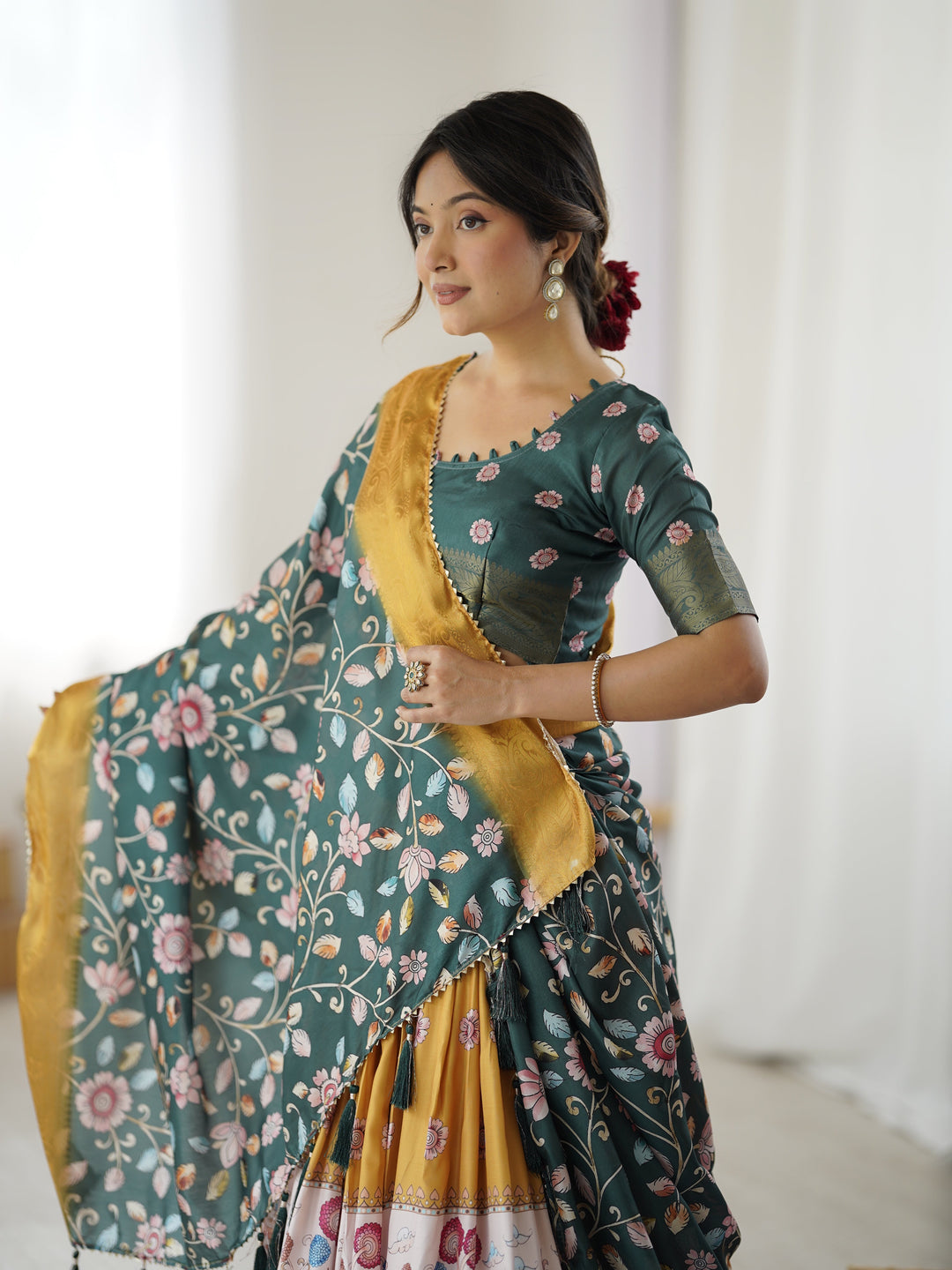 Bottle Green Kalamkari Flared Lehenga with Mustard Dupatta