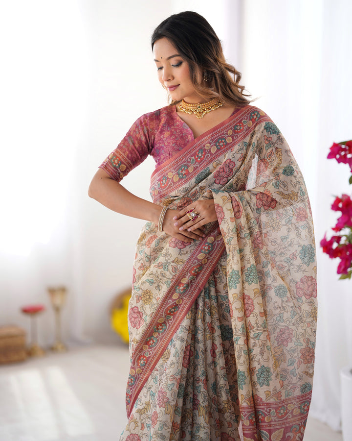 Cream & Pink Handloom Cotton Saree with Pastel Floral Print and Ornamental Tree Pallu