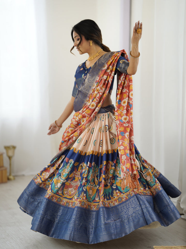 Royal Blue & Peach Kalamkari Tussar Silk Lehenga with Zari Border & Floral Tassel Dupatta – Traditional Festive Wear