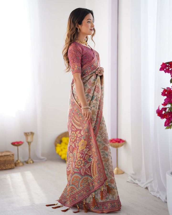 Cream & Pink Handloom Cotton Saree with Pastel Floral Print and Ornamental Tree Pallu
