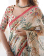 Beige & Red Handloom Linen Cotton Saree with Camel Caravan & Palace Artwork