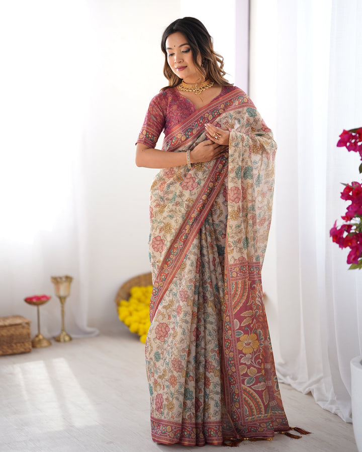 Cream & Pink Handloom Cotton Saree with Pastel Floral Print and Ornamental Tree Pallu