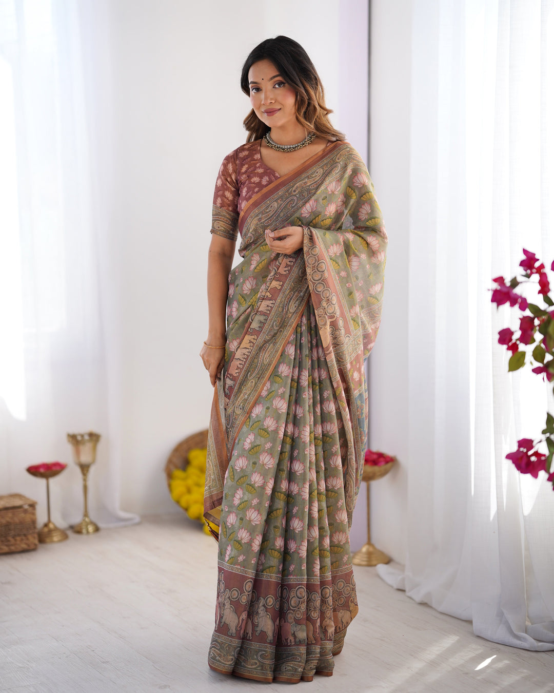 Olive Green Pure Linen Cotton Handloom Saree with Pink Lotus Motifs & Maroon Blouse