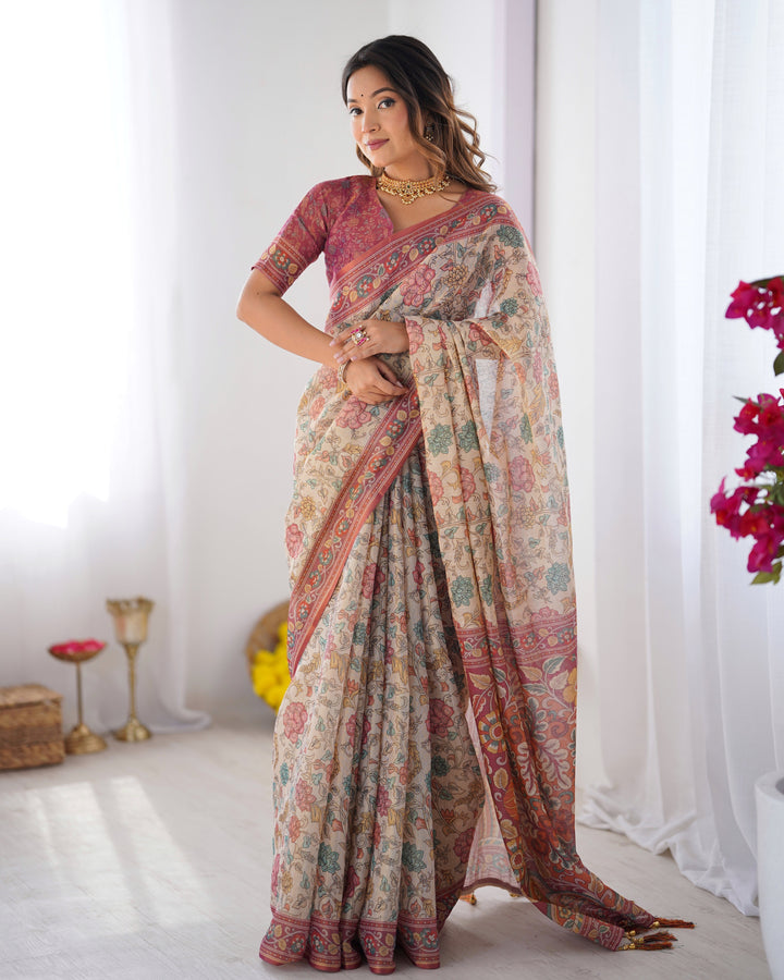 Cream & Pink Handloom Cotton Saree with Pastel Floral Print and Ornamental Tree Pallu