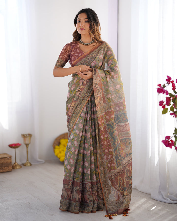 Olive Green Pure Linen Cotton Handloom Saree with Pink Lotus Motifs & Maroon Blouse