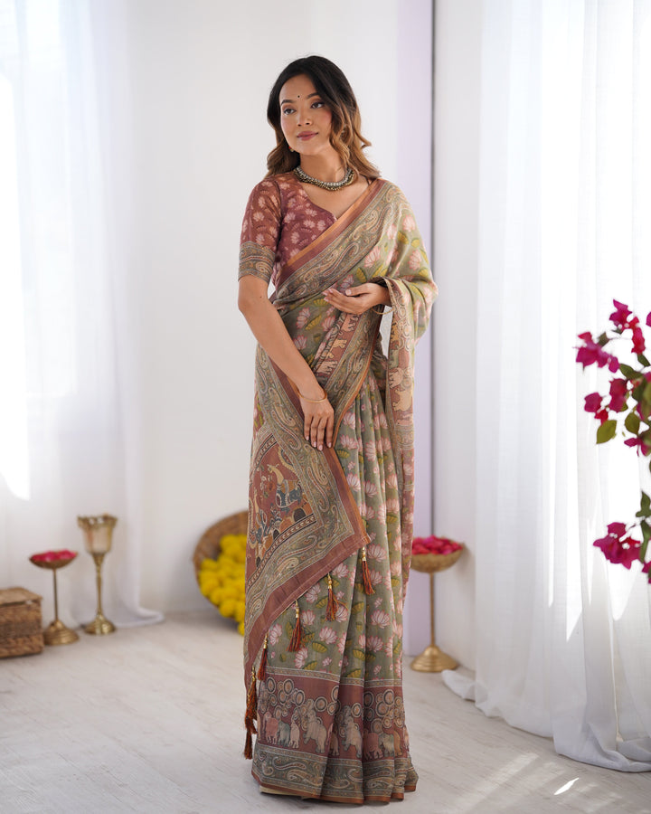 Olive Green Pure Linen Cotton Handloom Saree with Pink Lotus Motifs & Maroon Blouse