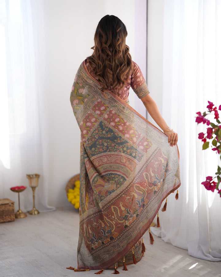 Olive Green Pure Linen Cotton Handloom Saree with Pink Lotus Motifs & Maroon Blouse