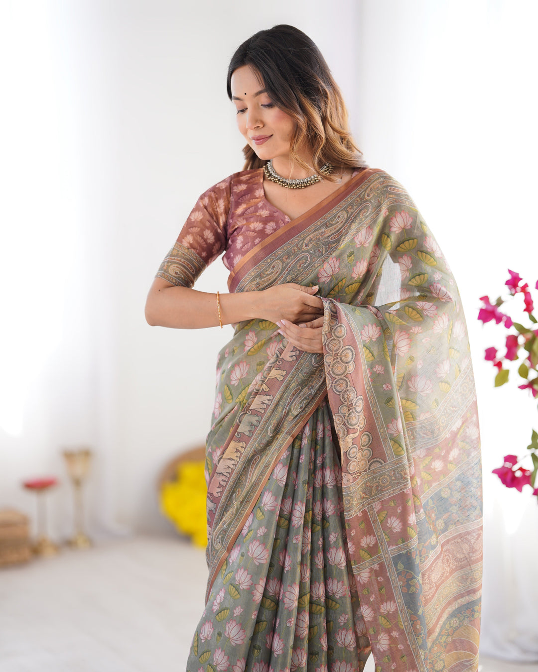 Olive Green Pure Linen Cotton Handloom Saree with Pink Lotus Motifs & Maroon Blouse