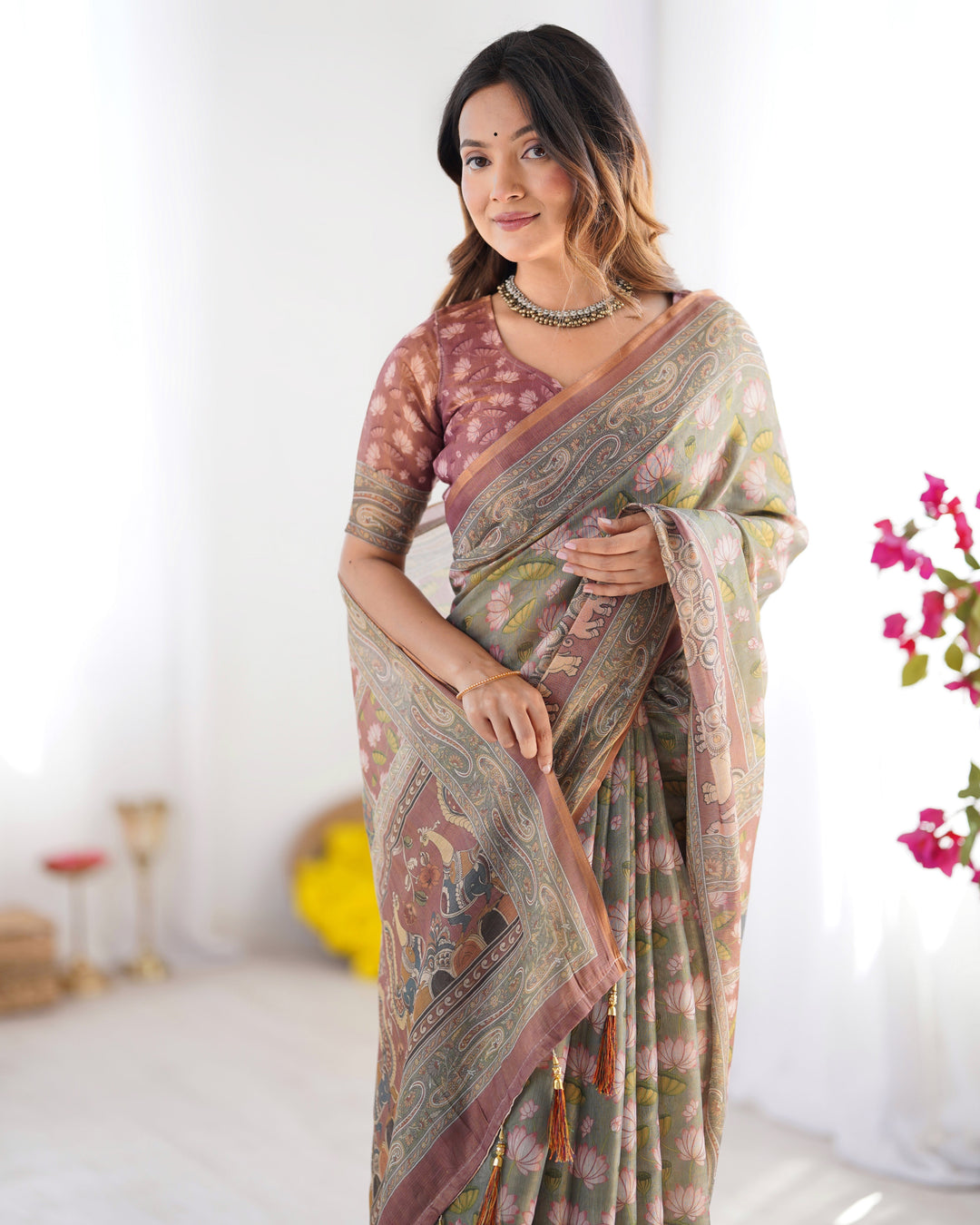 Olive Green Pure Linen Cotton Handloom Saree with Pink Lotus Motifs & Maroon Blouse