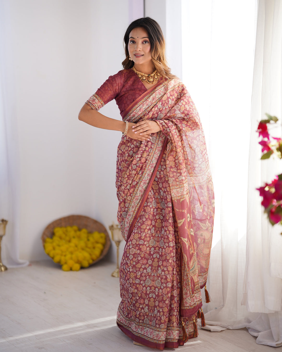 Maroon Pure Linen Cotton Handloom Saree with Elephant & Floral Folk Art