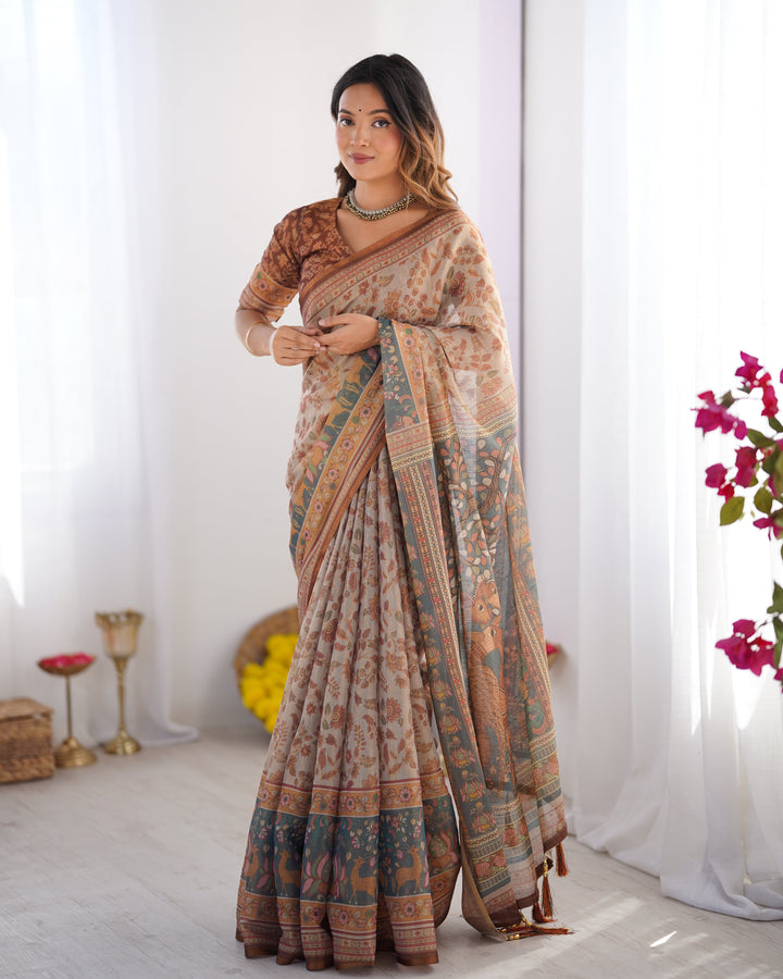 Beige & Rust Pure Linen Cotton Saree with Folk Animal Motif & Floral Print