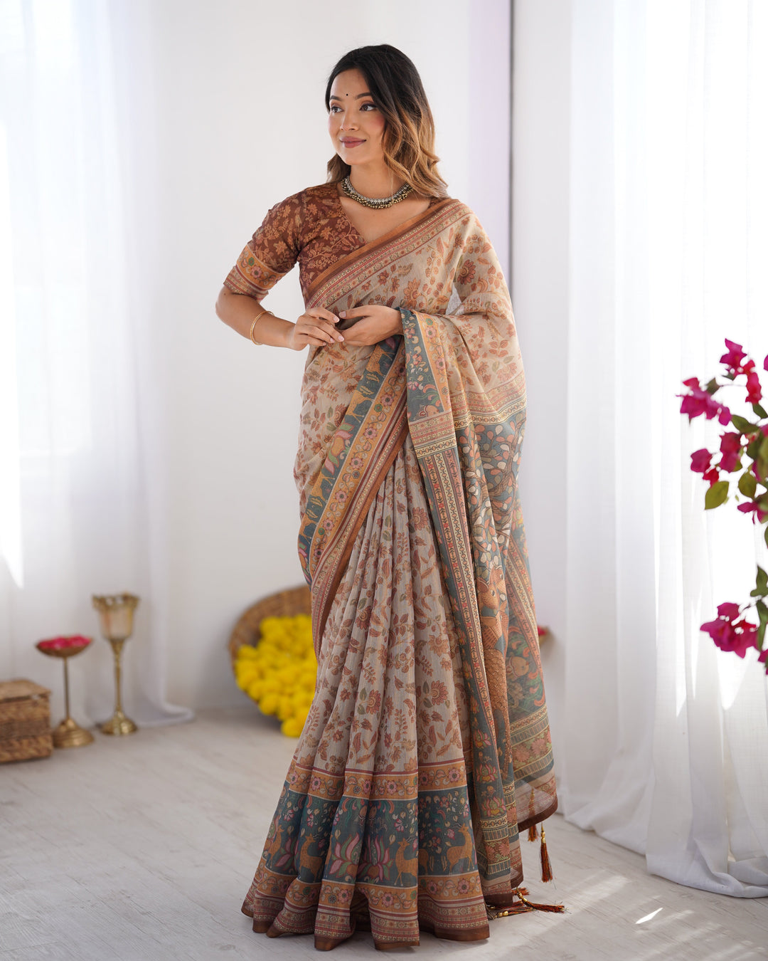 Beige & Rust Pure Linen Cotton Saree with Folk Animal Motif & Floral Print