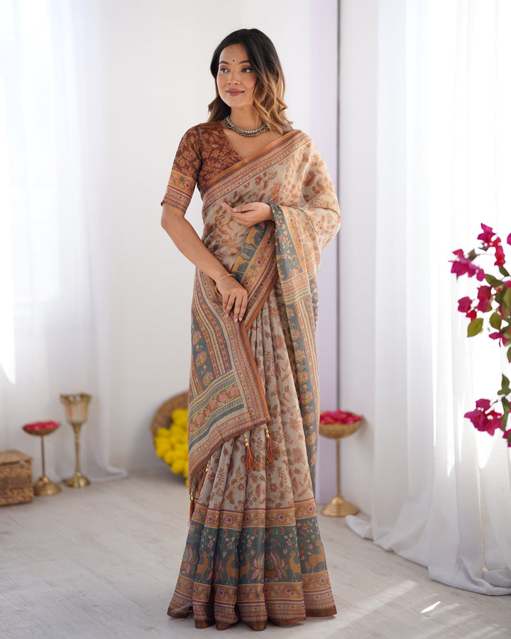 Beige & Rust Pure Linen Cotton Saree with Folk Animal Motif & Floral Print