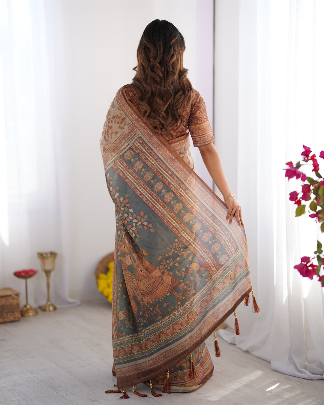 Beige & Rust Pure Linen Cotton Saree with Folk Animal Motif & Floral Print