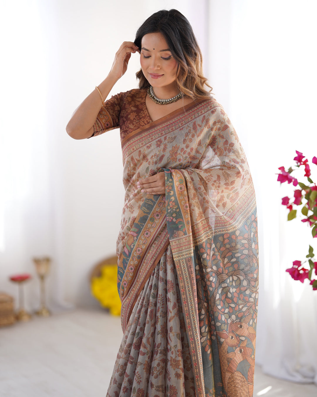 Beige & Rust Pure Linen Cotton Saree with Folk Animal Motif & Floral Print