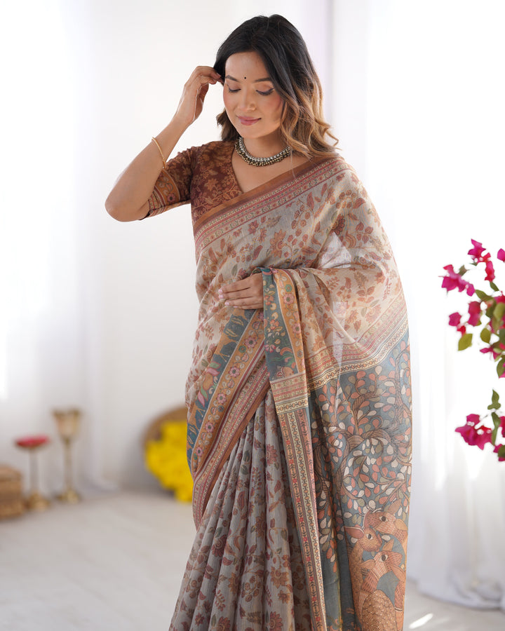 Beige & Rust Pure Linen Cotton Saree with Folk Animal Motif & Floral Print