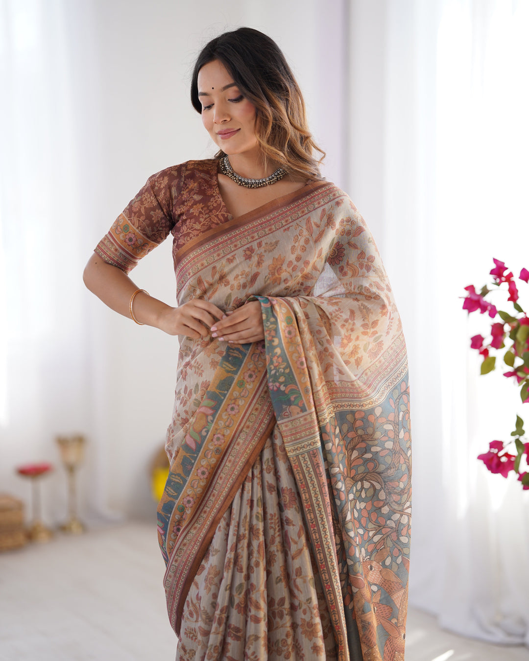 Beige & Rust Pure Linen Cotton Saree with Folk Animal Motif & Floral Print