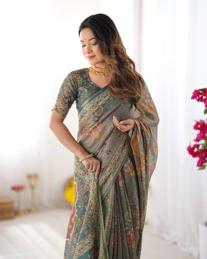 Teal Green Handloom Cotton Saree with Floral Print and Royal Elephant Pallu