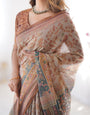 Beige & Rust Pure Linen Cotton Saree with Folk Animal Motif & Floral Print