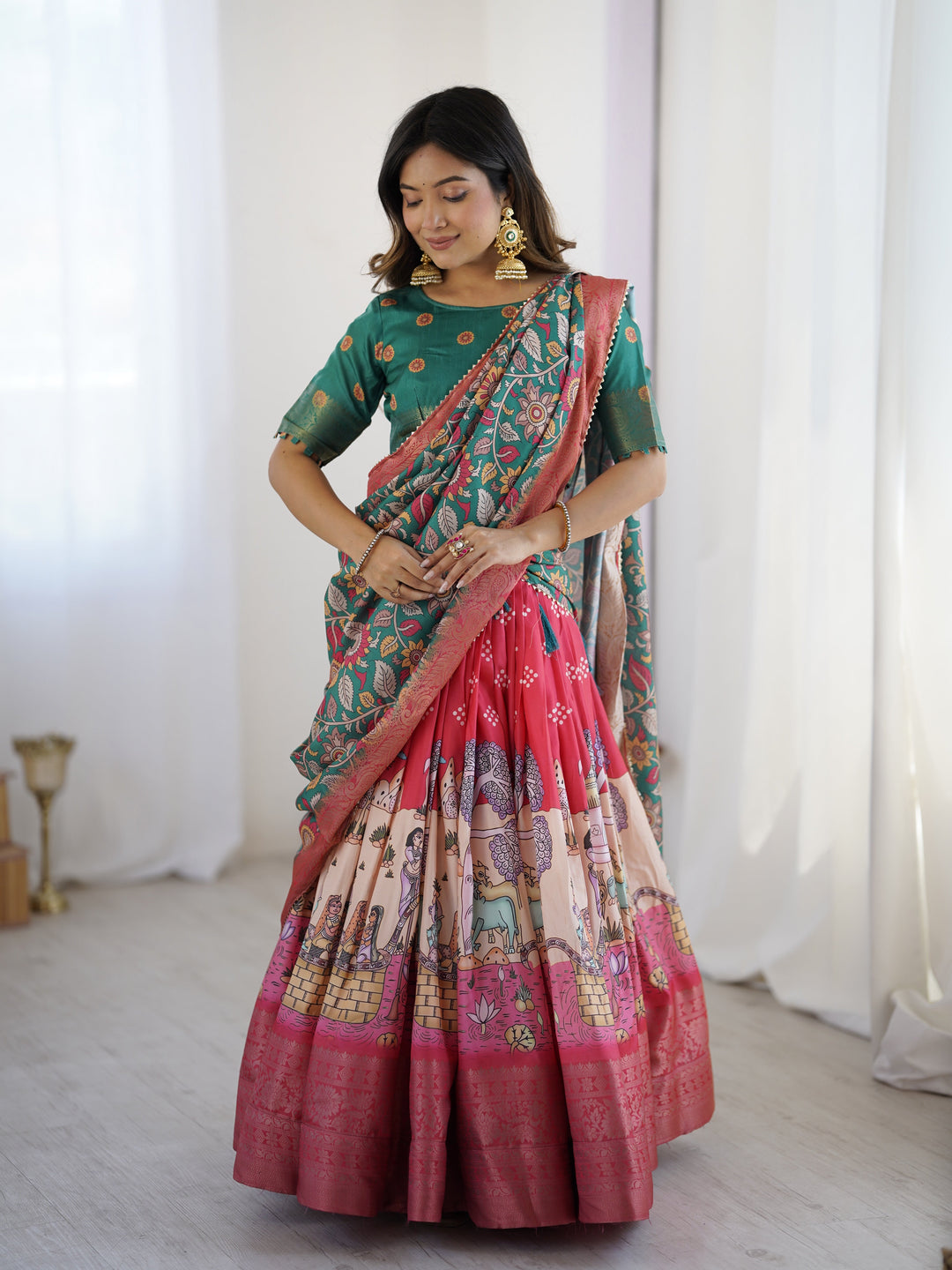 Elegant Kalamkari Lehenga in Rani Pink and Teal Green with Mythological Print and Floral Dupatta