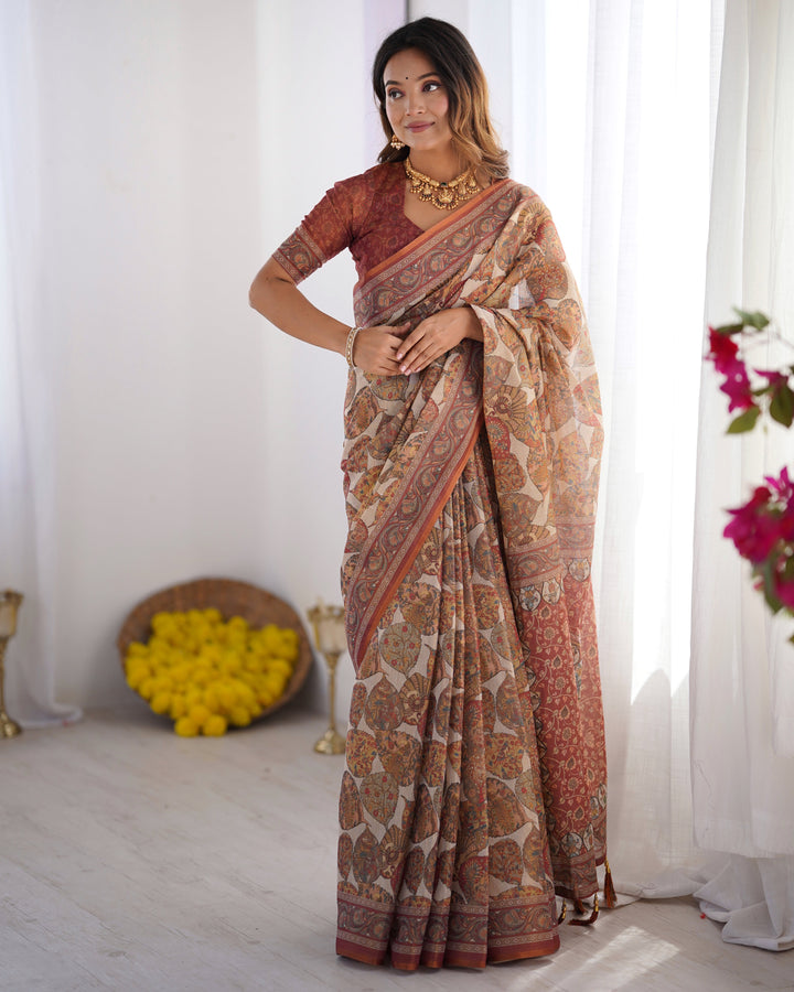 Handloom Linen Cotton Printed Saree with Traditional Mithila Art Pallu – Earthy Beige & Maroon