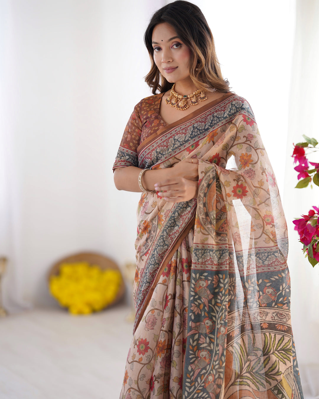 Handloom Linen Cotton Printed Saree with Traditional Mithila Art Pallu – Earthy Beige & Maroon