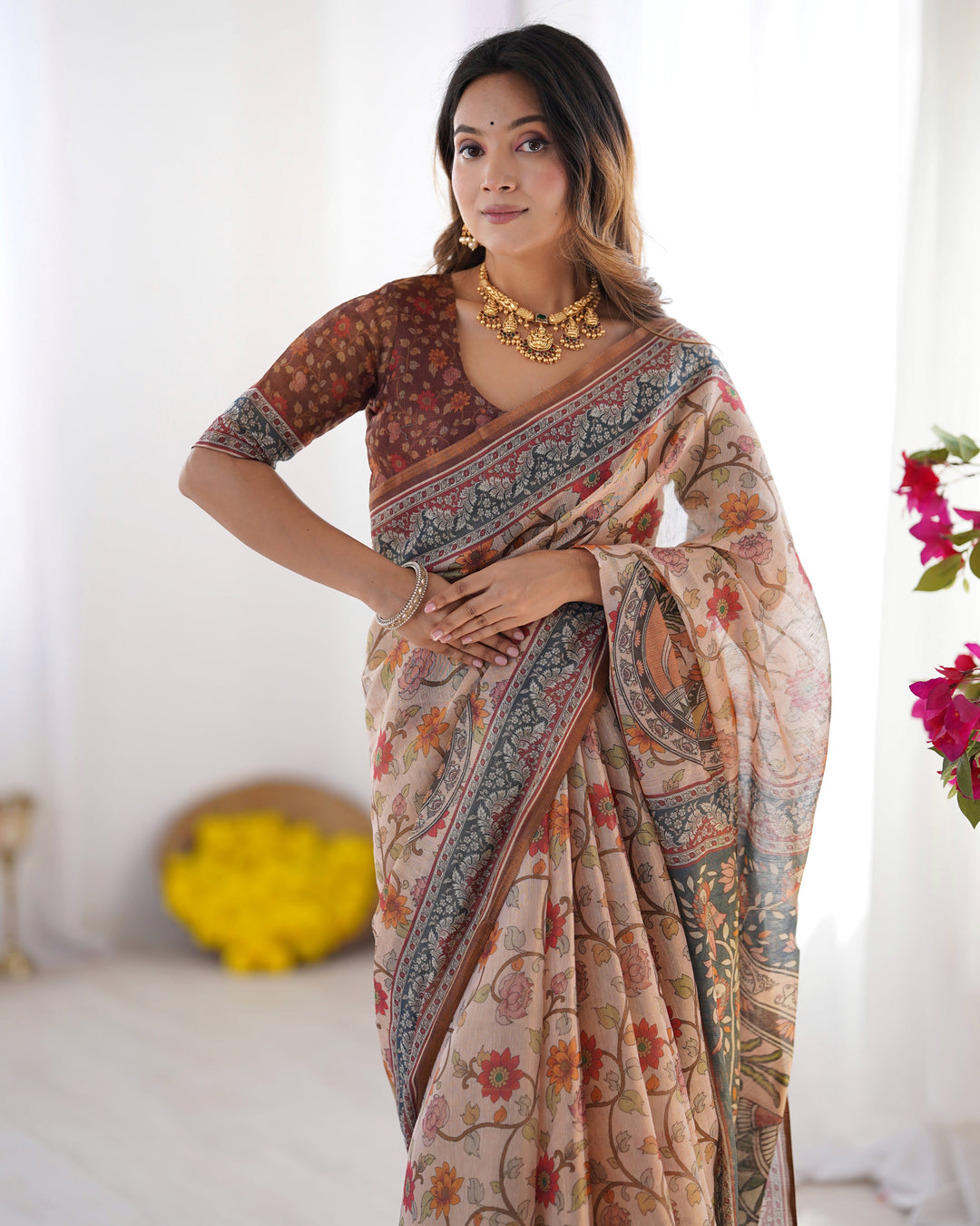 Handloom Linen Cotton Printed Saree with Traditional Mithila Art Pallu – Earthy Beige & Maroon