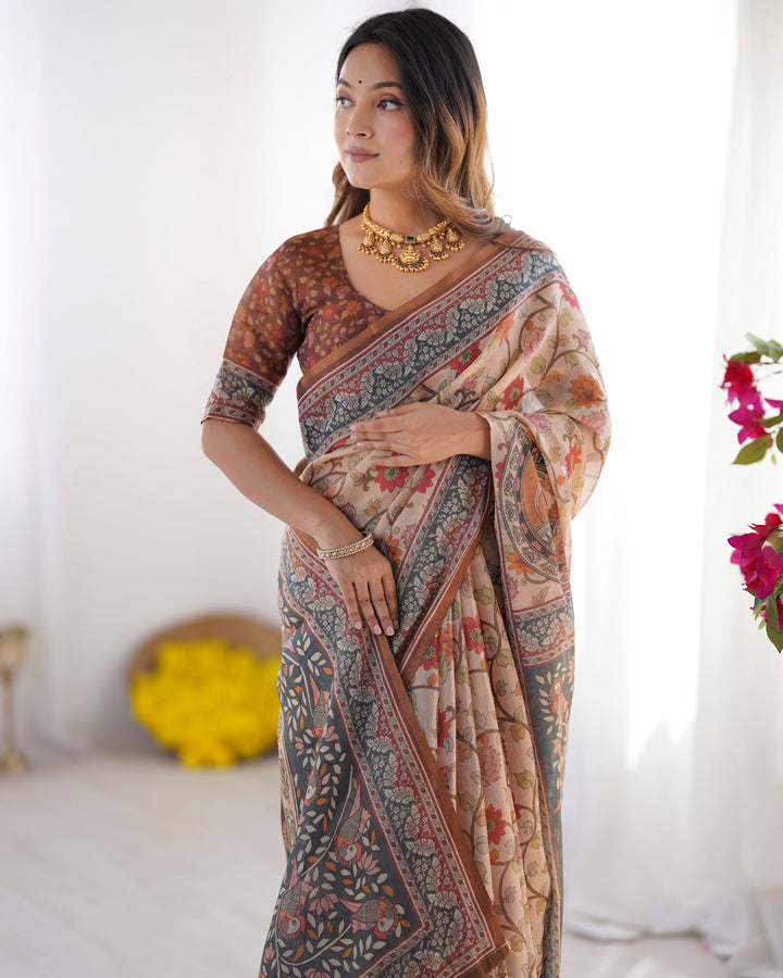 Handloom Linen Cotton Printed Saree with Traditional Mithila Art Pallu – Earthy Beige & Maroon