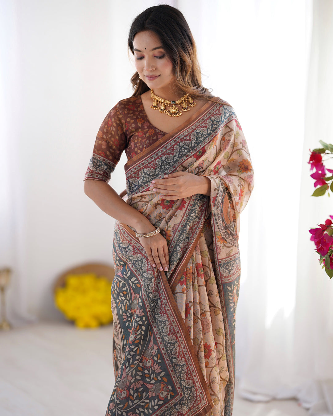 Handloom Linen Cotton Printed Saree with Traditional Mithila Art Pallu – Earthy Beige & Maroon