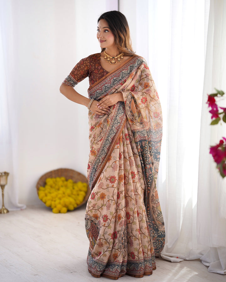 Handloom Linen Cotton Printed Saree with Traditional Mithila Art Pallu – Earthy Beige & Maroon