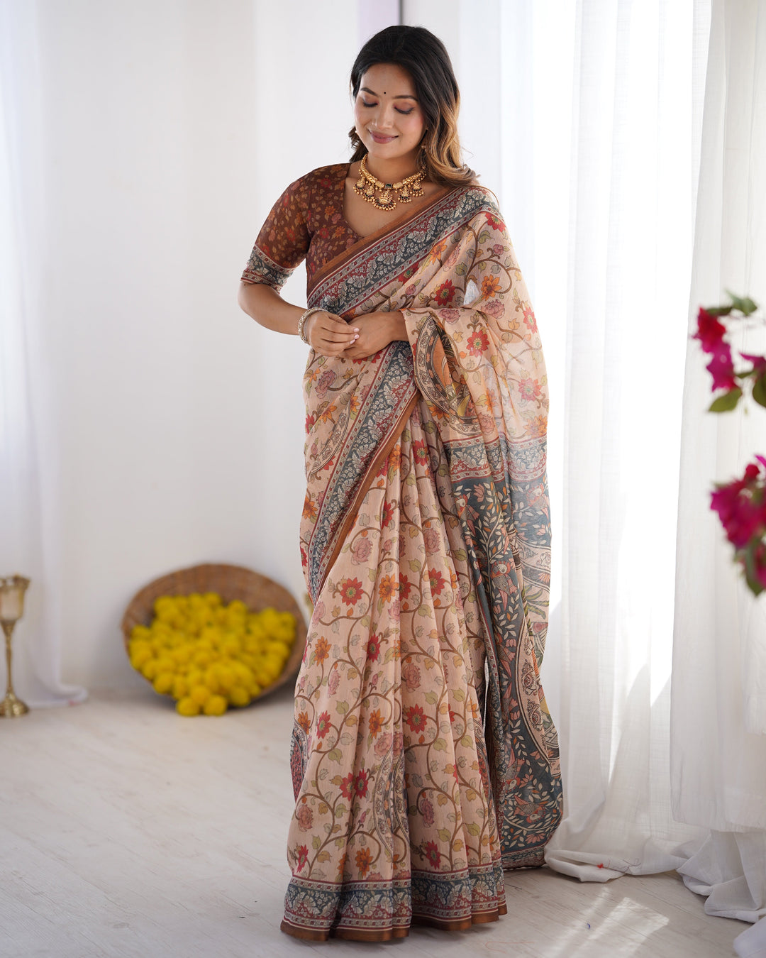 Handloom Linen Cotton Printed Saree with Traditional Mithila Art Pallu – Earthy Beige & Maroon