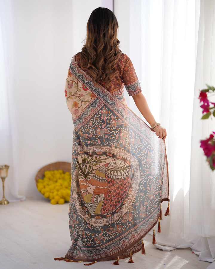 Handloom Linen Cotton Printed Saree with Traditional Mithila Art Pallu – Earthy Beige & Maroon