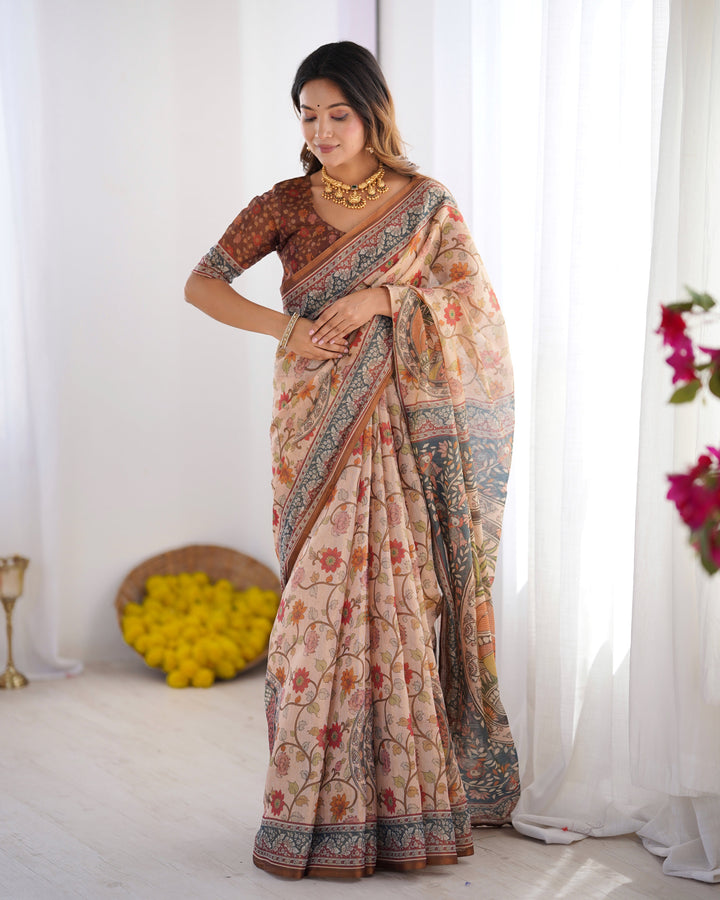 Handloom Linen Cotton Printed Saree with Traditional Mithila Art Pallu – Earthy Beige & Maroon