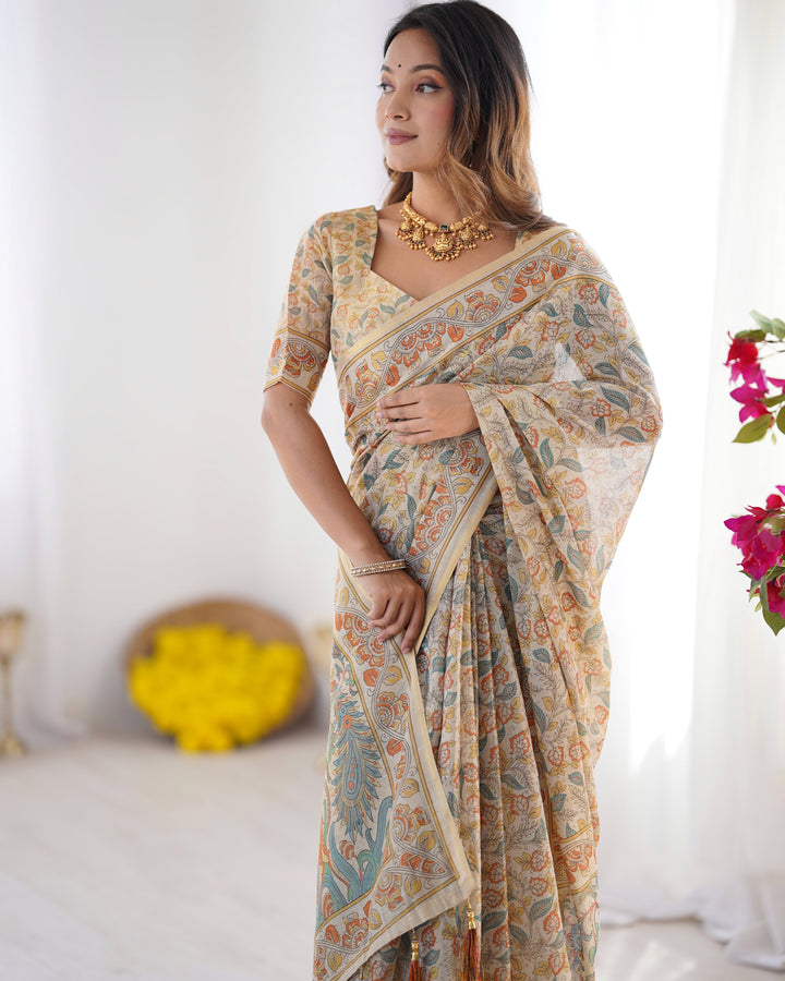 Handloom Linen Cotton Printed Saree with Mythical Animal Art Pallu – Soft Cream with Terracotta & Teal Accents