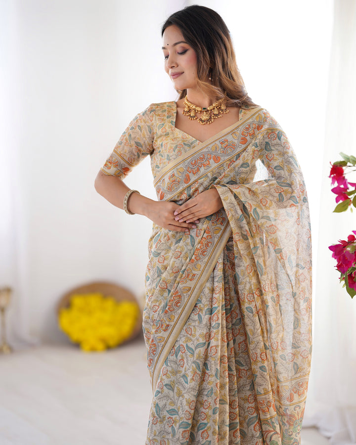 Handloom Linen Cotton Printed Saree with Mythical Animal Art Pallu – Soft Cream with Terracotta & Teal Accents